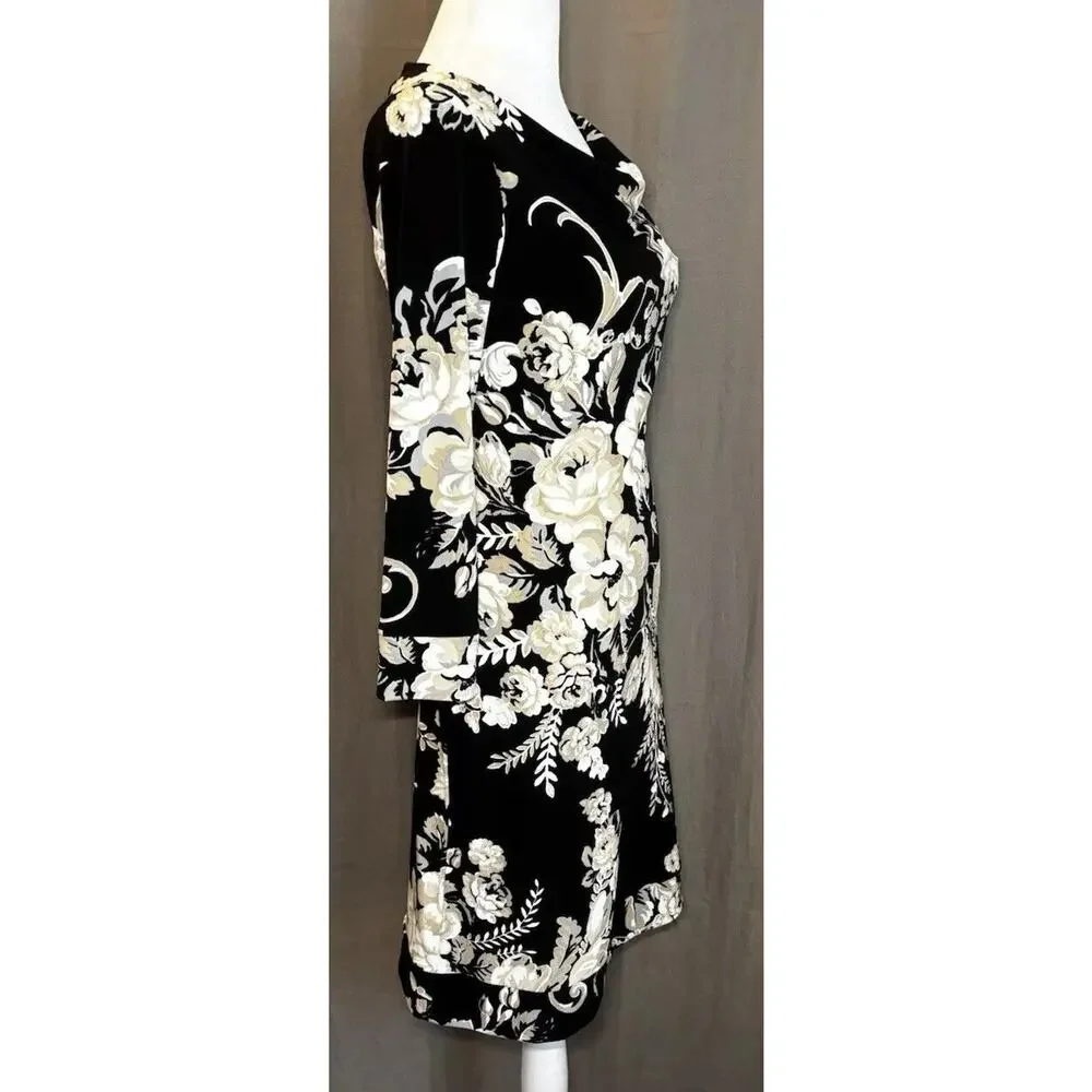 White House Black Market Dress Womens XXS Black Floral Knee Length Midi